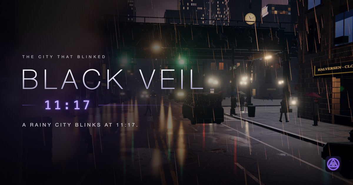 Black Veil 11:17 title art over the game's rain-soaked avenue beneath an elevated railway.