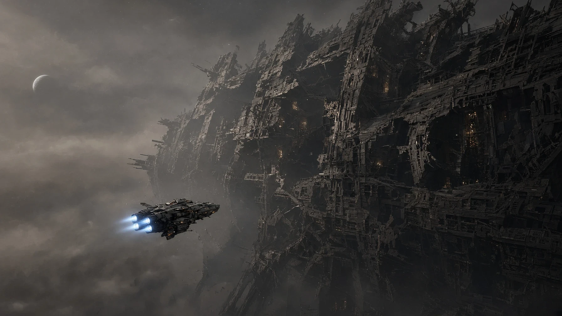 Grok Imagine reference: a small ship with blue engines beside an immense dark hull in drifting dust.