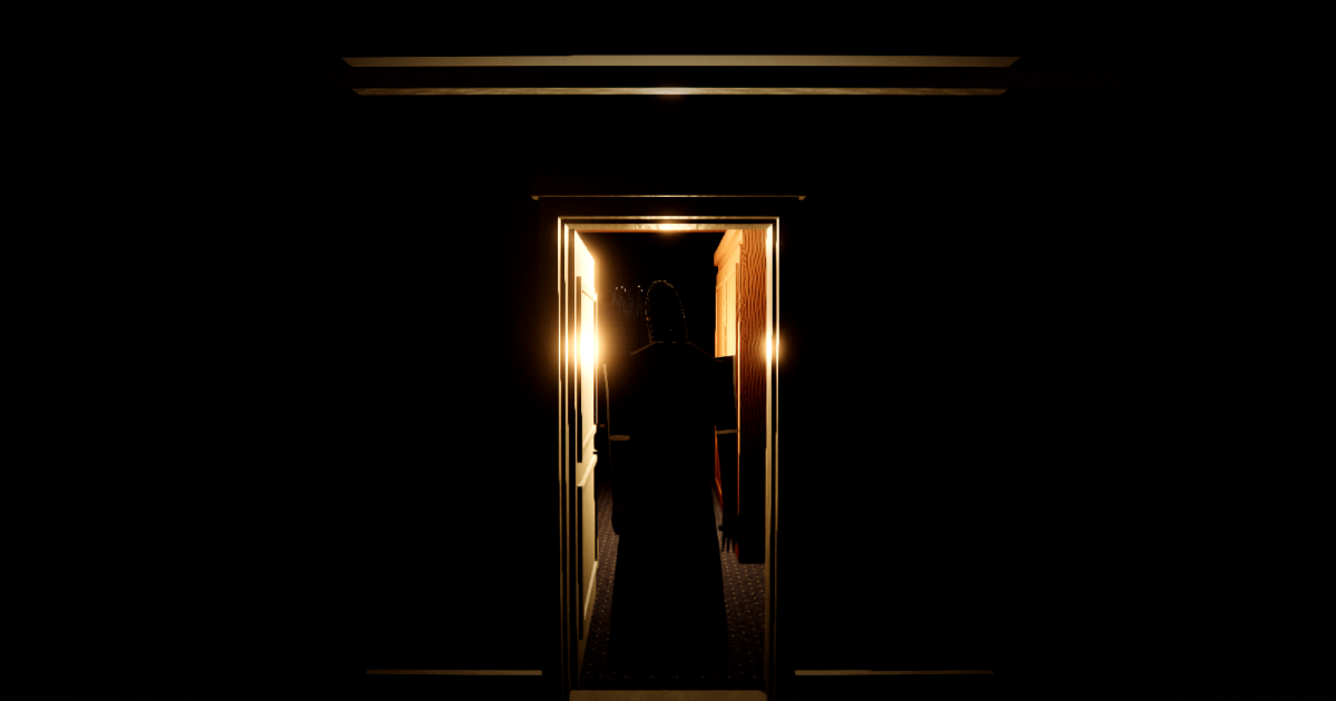 A figure silhouetted in a warm hotel doorway, rendered by the game's engine for its key art.