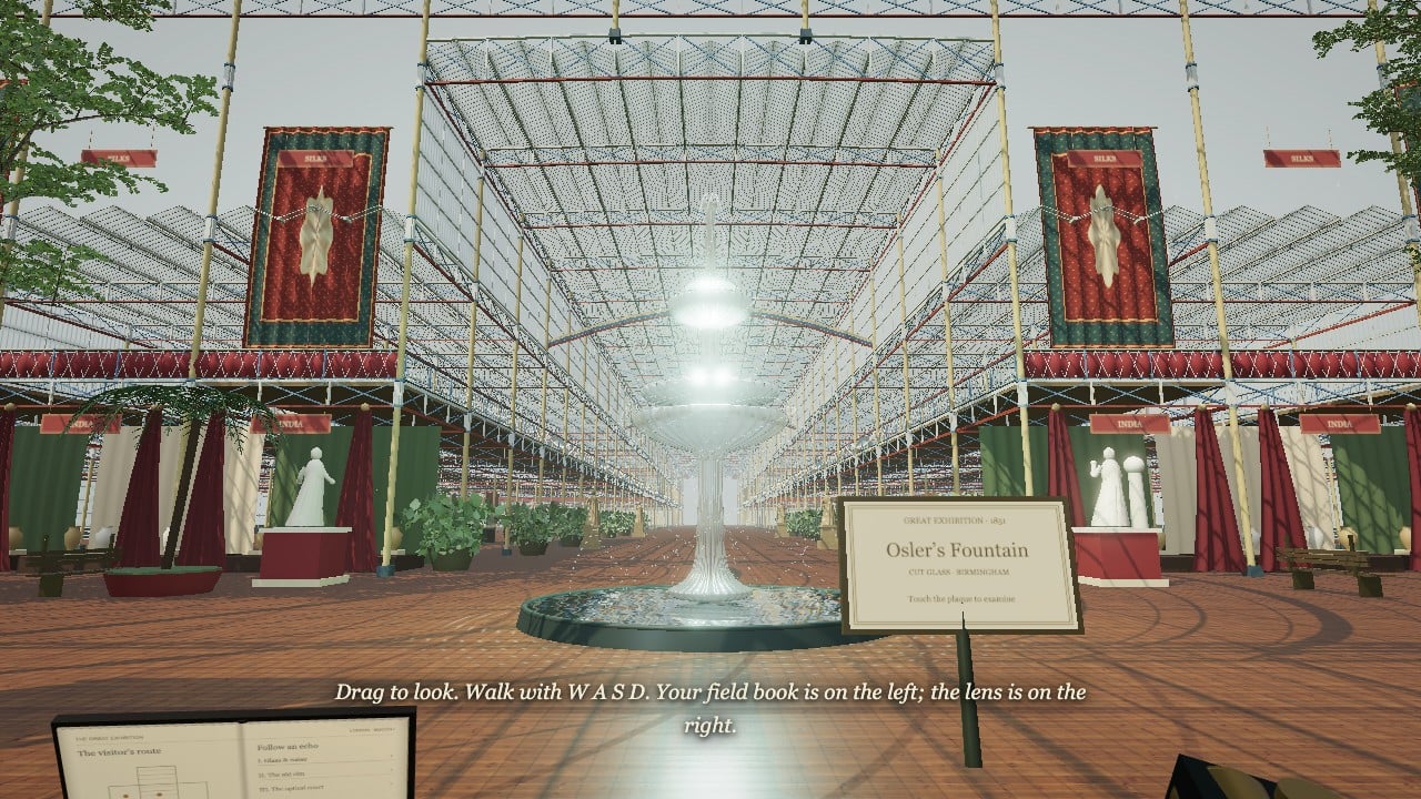 Glass roofs, iron galleries and warm light inside The Palace of Echoes.