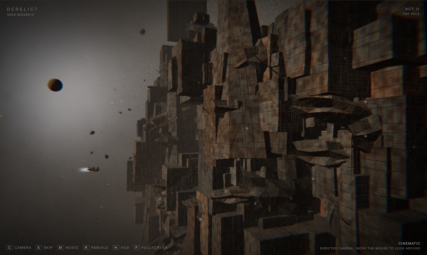 DERELICT in the browser: a small salvage tug beside a fragmented hull in dusty space.