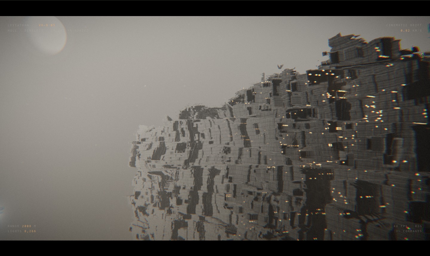 LEVIATHAN running in the browser: layers of eroded hull plating and tiny lights recede into grey fog.