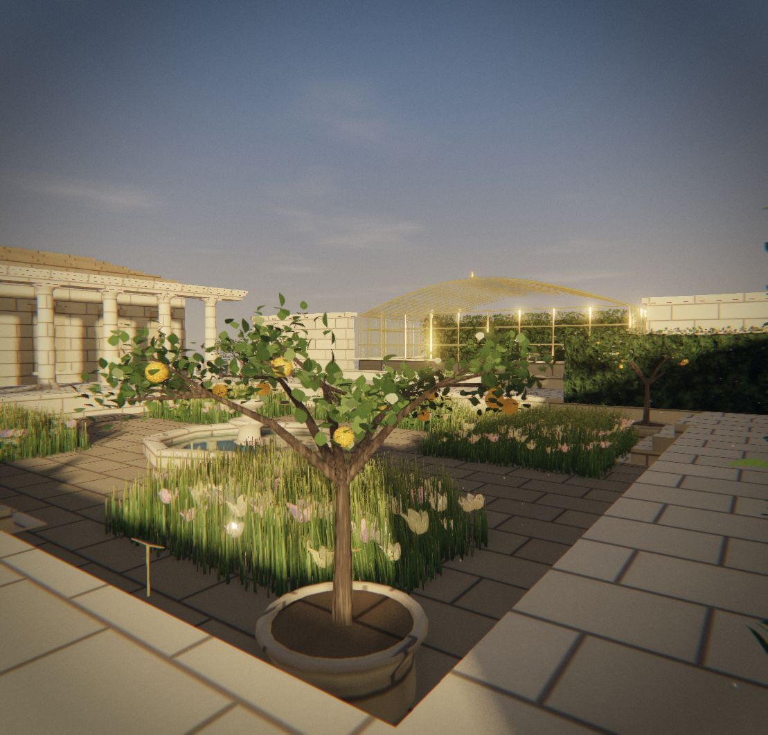 The Opus garden running in the browser: sunlit stone, planted beds and the estate above the sea.