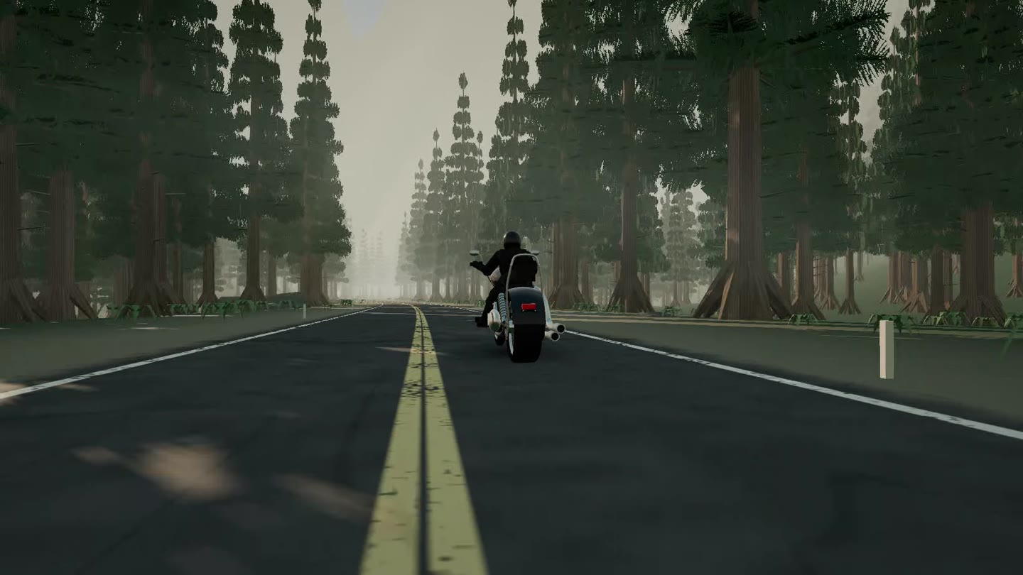 Astra’s Ghost Road: the motorcycle on a forest highway.