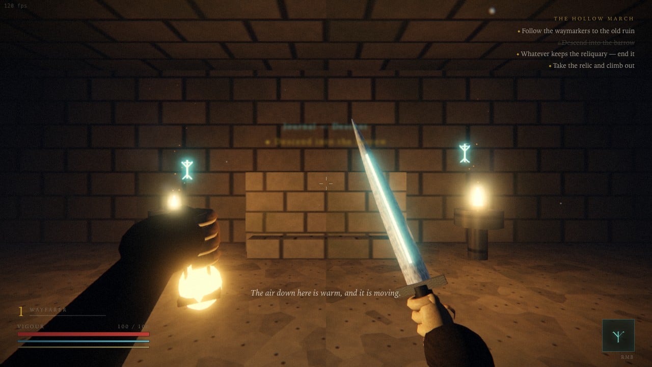 The lantern-lit entrance passage inside The Hollow March's Barrow.