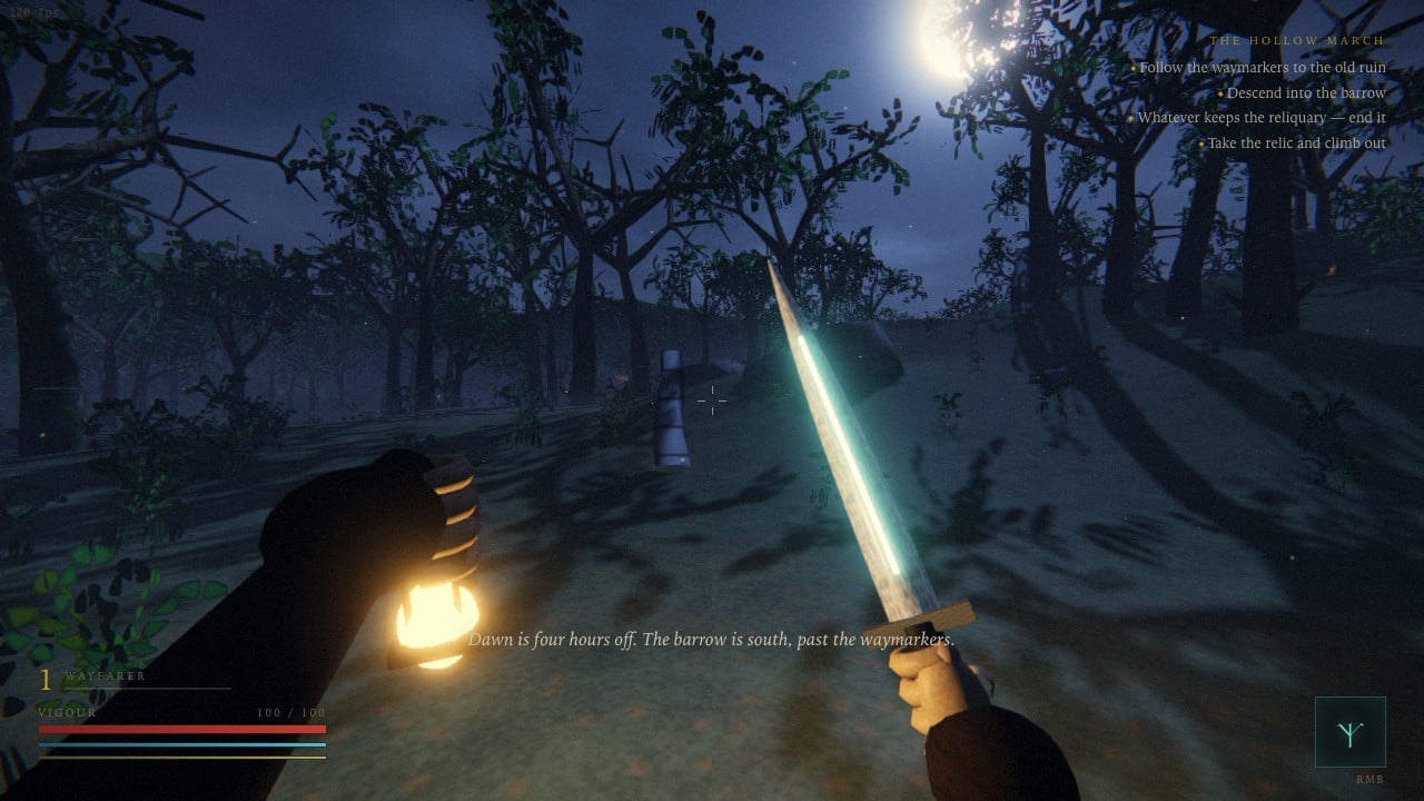A lantern and sword carried into the moonlit forest of The Hollow March.