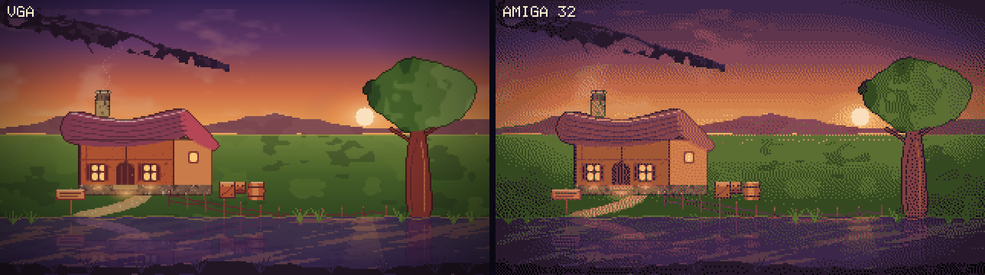 The same generated cottage scene rendered in VGA and Amiga 32-colour profiles.