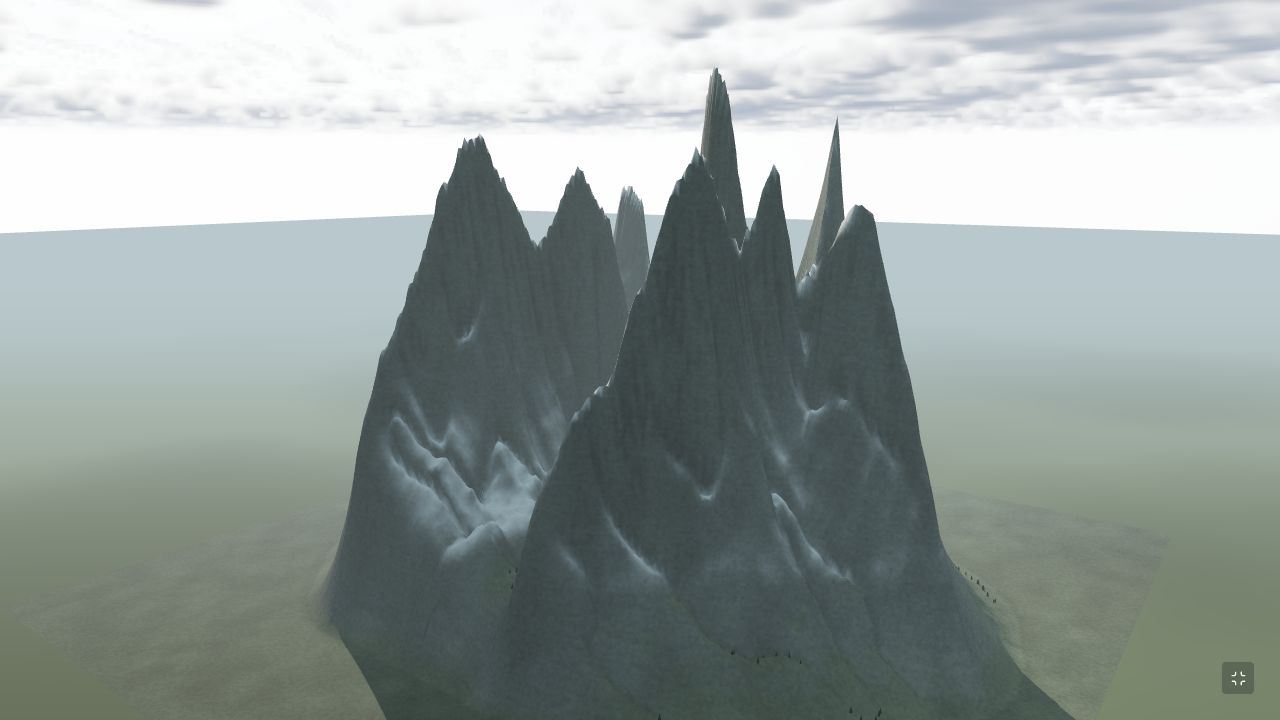 Terra’s alpine terrain with steep rocky peaks and snow in sheltered hollows.