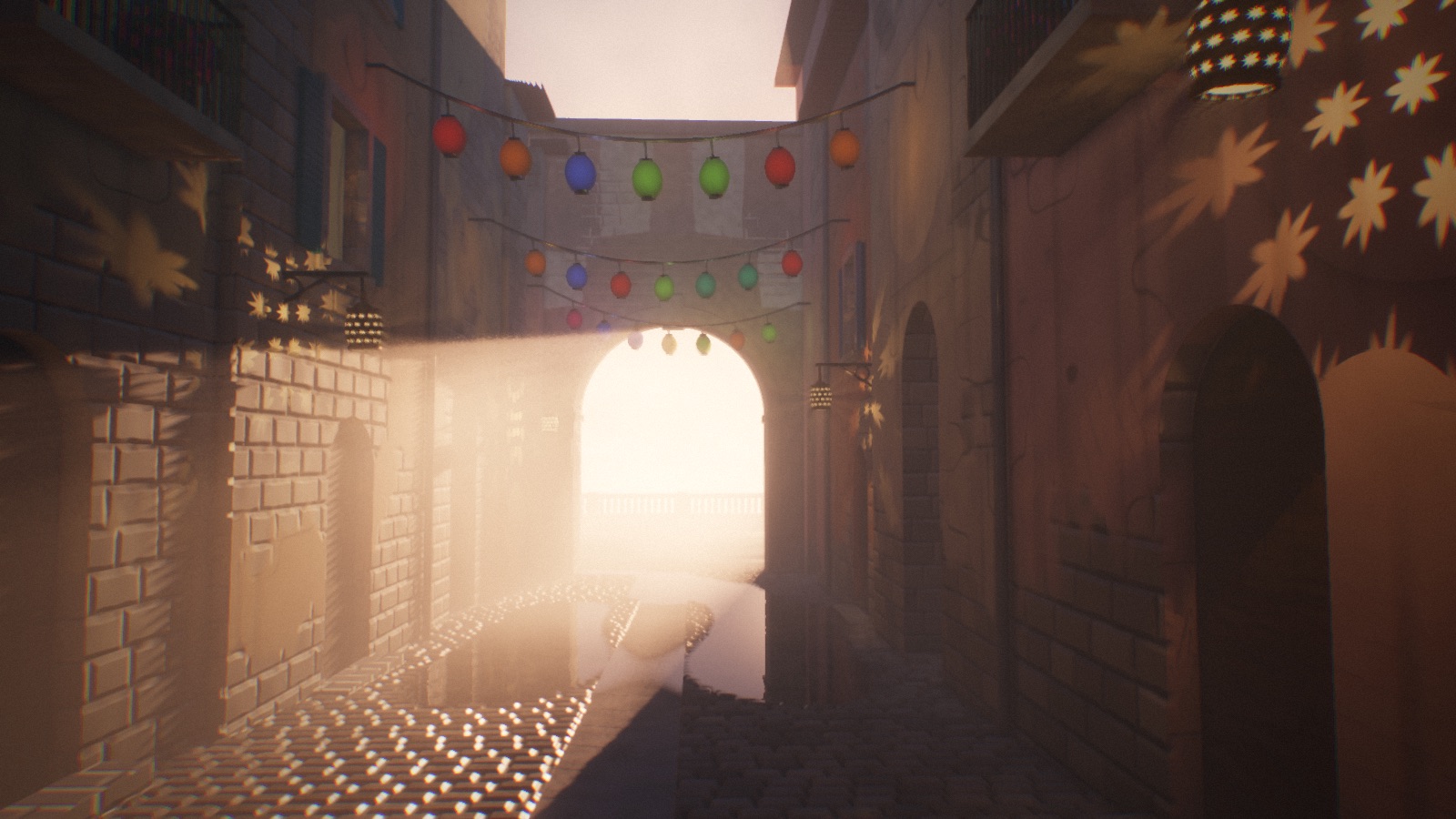Sun shafts fill Vicolo’s lantern-lined alley as the sea gate opens onto the bright coast.